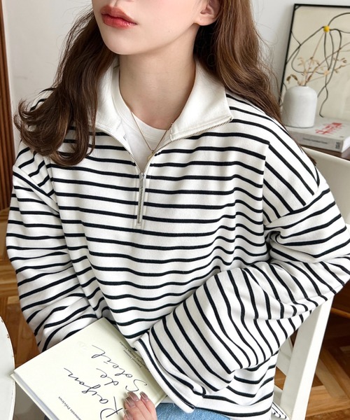 moment+（モーメントプラス）の「ミニ裏毛ボーダーハーフジッププル