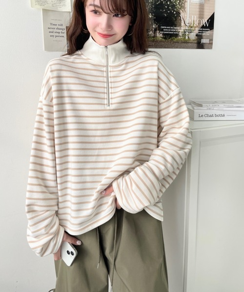 moment+（モーメントプラス）の「ミニ裏毛ボーダーハーフジッププル