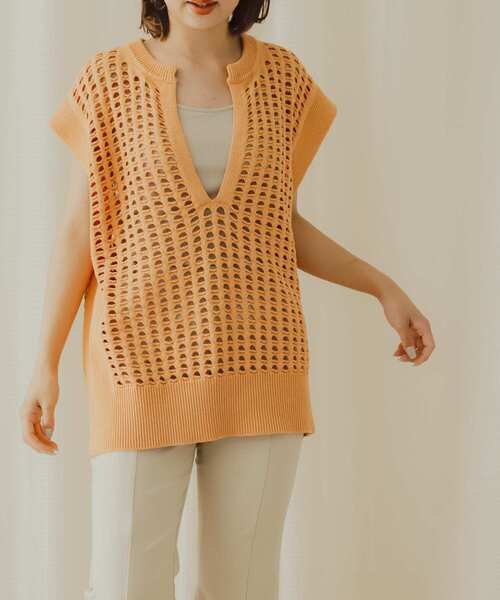 SENSE OF PLACE by URBAN RESEARCH（センスオブプレイスバイアーバンリサーチ）の「ホールメッシュキーネックニットベスト（ベスト・レディース・アイボリー/オレンジ/ブラック・ONE）」の13枚目の写真