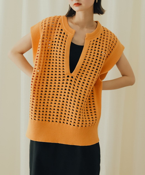 SENSE OF PLACE by URBAN RESEARCH（センスオブプレイスバイアーバンリサーチ）の「ホールメッシュキーネックニットベスト（ベスト・レディース・アイボリー/オレンジ/ブラック・ONE）」の16枚目の写真