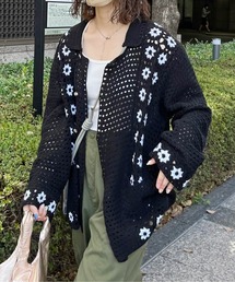 襟付きクロシェカーディガン