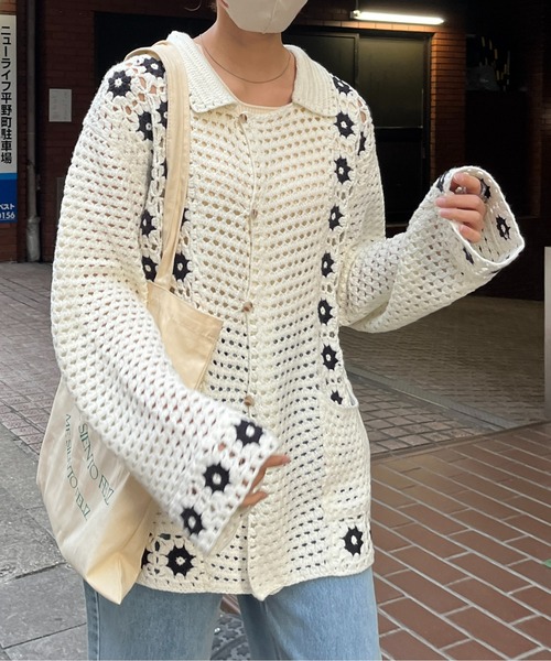 CPCM（シーピーシーエム）の「襟付きクロシェカーディガン（カーディガン/ボレロ・メンズ・ブラック/アイボリー・FREE）」の11枚目の写真