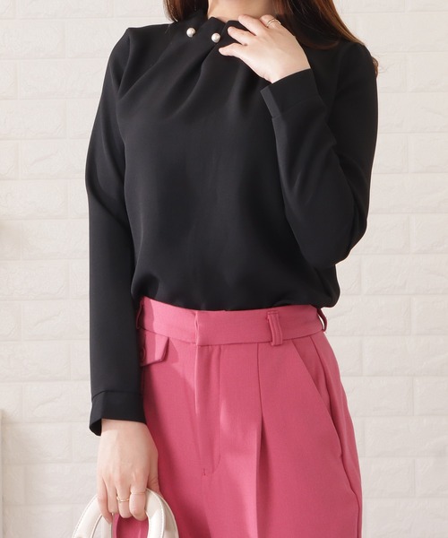 極美品✨Rene ルネ ブラウス パールボタン プルオーバー ローズピンク 36 セール】パールボタンボトルネックプルオーバー（シャツ