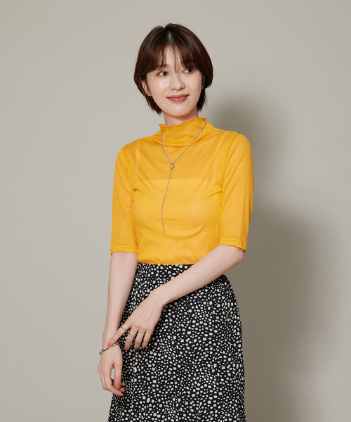 Jayro（ジャイロ）の「シアーリブ５分袖トップス（Tシャツ/カットソー・レディース・オフホワイト/ブラック/ピンク/オレンジ・FREE）」の9枚目の写真