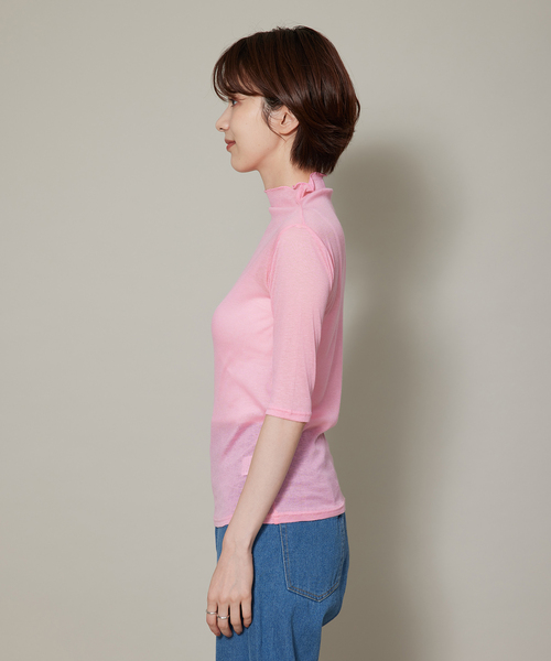 Jayro（ジャイロ）の「シアーリブ５分袖トップス（Tシャツ/カットソー・レディース・オフホワイト/ブラック/ピンク/オレンジ・FREE）」の10枚目の写真