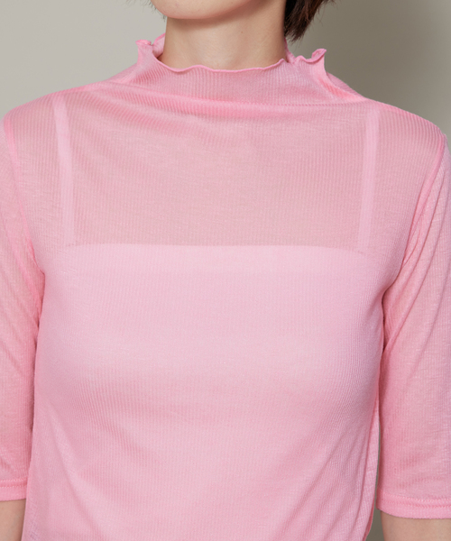 Jayro（ジャイロ）の「シアーリブ５分袖トップス（Tシャツ/カットソー・レディース・オフホワイト/ブラック/ピンク/オレンジ・FREE）」の20枚目の写真