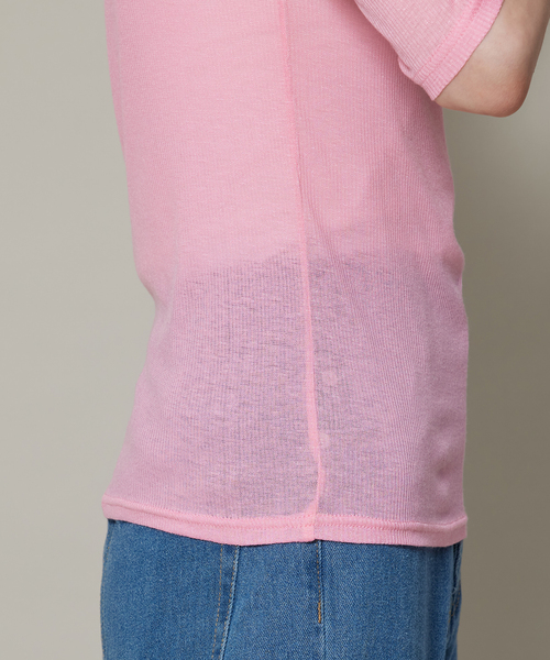 Jayro（ジャイロ）の「シアーリブ５分袖トップス（Tシャツ/カットソー・レディース・オフホワイト/ブラック/ピンク/オレンジ・FREE）」の7枚目の写真