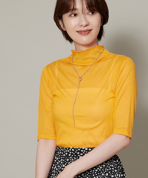 Jayro（ジャイロ）の「シアーリブ５分袖トップス（Tシャツ/カットソー・レディース・オフホワイト/ブラック/ピンク/オレンジ・FREE）」の4枚目の写真