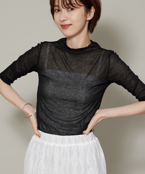 Jayro（ジャイロ）の「シアーリブ５分袖トップス（Tシャツ/カットソー・レディース・オフホワイト/ブラック/ピンク/オレンジ・FREE）」の3枚目の写真