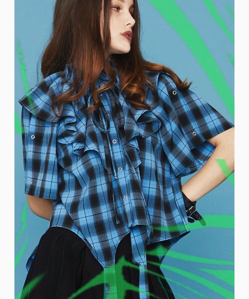 PUBLUX(パブリュクス)の「SeeSew/シーソー GARTER BLOUSE/ガーターフリルブラウス(シャツ/ブラウス・レディース・ブルー/グリーン・フリ-)」の7枚目の写真