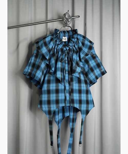 PUBLUX(パブリュクス)の「SeeSew/シーソー GARTER BLOUSE/ガーターフリルブラウス(シャツ/ブラウス・レディース・ブルー/グリーン・フリ-)」の12枚目の写真