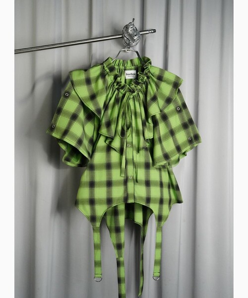 PUBLUX(パブリュクス)の「SeeSew/シーソー GARTER BLOUSE/ガーターフリルブラウス(シャツ/ブラウス・レディース・ブルー/グリーン・フリ-)」の14枚目の写真