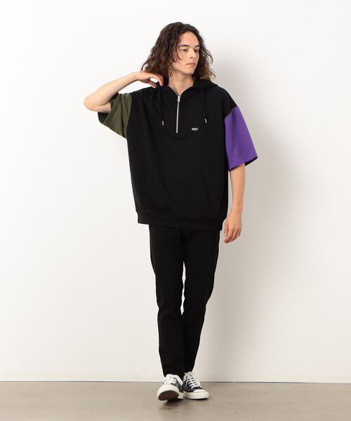 Purple&Yellow（パープルアンドイエロー）の「ＴＣ裏毛 ハーフジップ ５分袖パーカ（パーカー・メンズ・カーキ/パープル/オートミール/ブラック系その他・SMALL/MEDIUM/LARGE/X-LARGE）」の11枚目の写真