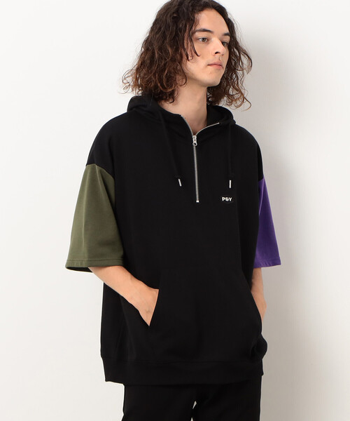 Purple&Yellow（パープルアンドイエロー）の「ＴＣ裏毛 ハーフジップ ５分袖パーカ（パーカー・メンズ・カーキ/パープル/オートミール/ブラック系その他・SMALL/MEDIUM/LARGE/X-LARGE）」の12枚目の写真