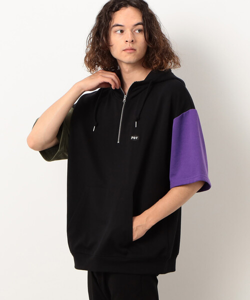 Purple&Yellow（パープルアンドイエロー）の「ＴＣ裏毛 ハーフジップ ５分袖パーカ（パーカー・メンズ・カーキ/パープル/オートミール/ブラック系その他・SMALL/MEDIUM/LARGE/X-LARGE）」の13枚目の写真