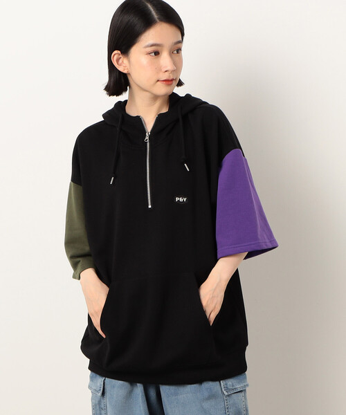 Purple&Yellow（パープルアンドイエロー）の「ＴＣ裏毛 ハーフジップ ５分袖パーカ（パーカー・メンズ・カーキ/パープル/オートミール/ブラック系その他・SMALL/MEDIUM/LARGE/X-LARGE）」の15枚目の写真