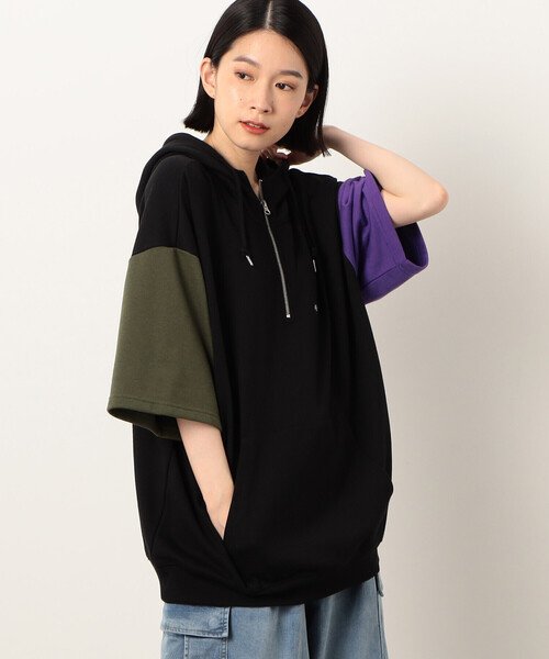 Purple&Yellow（パープルアンドイエロー）の「ＴＣ裏毛 ハーフジップ ５分袖パーカ（パーカー・メンズ・カーキ/パープル/オートミール/ブラック系その他・SMALL/MEDIUM/LARGE/X-LARGE）」の16枚目の写真