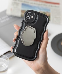 emonique | ブラケットホルダー付き うねうね メタリック/クリア iPhoneケース カバー 11/12/12pro/13/14/14pro/15/15pro(スマホケース/カバー)