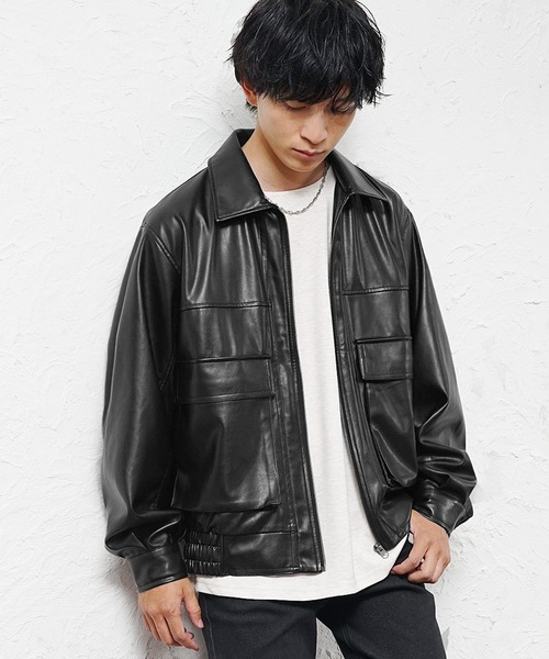 MinoriTY（マイノリティ）の「【MinoriTY】シンセティックレザービッグブルゾン ショート丈 レザージャケット フィールドジャケット ミリタリー メンズ  革ジャン 革ジャケット春服 冬服（ブルゾン・メンズ・アイボリー/ブラック/ブラウン/ブラック系/ブラウン系・L/M/XL/LL）」の9枚目の写真