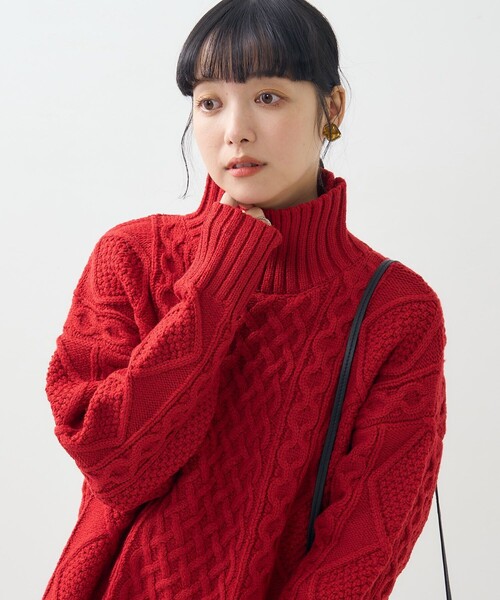 FREAK'S STORE（フリークスストア）の「ミックスケーブル タートル プルオーバー/タートルネックニット（ニット/セーター・レディース・オフホワイト/ネイビー/レッド/ベージュ・ﾌﾘ-）」の4枚目の写真
