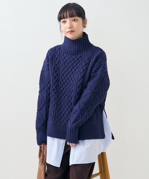 FREAK'S STORE（フリークスストア）の「ミックスケーブル タートル プルオーバー/タートルネックニット（ニット/セーター・レディース・オフホワイト/ネイビー/レッド/ベージュ・ﾌﾘ-）」の15枚目の写真