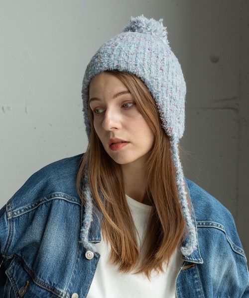 14+(イチヨンプラス)の「ブークレ耳付ウィンター(ニットキャップ/ビーニー・レディース・ブラック/グレー/レッド/ベージュ/イエロー/サーモンピンク/パープル/グレー系2・KIDS FREE/FREE)」の3枚目の写真