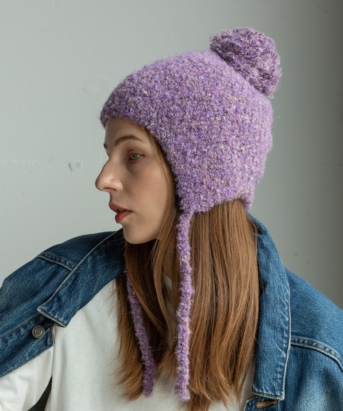 14+(イチヨンプラス)の「ブークレ耳付ウィンター(ニットキャップ/ビーニー・レディース・ブラック/グレー/レッド/ベージュ/イエロー/サーモンピンク/パープル/グレー系2・KIDS FREE/FREE)」の5枚目の写真