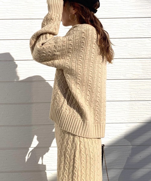 Q（キュー）の「ケーブルニット（ニット/セーター・レディース・ベージュ/ブラック・MEDIUM）」の8枚目の写真