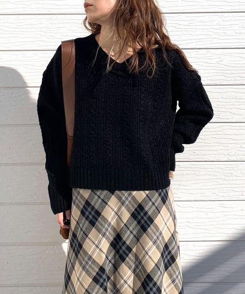 Q（キュー）の「ケーブルニット（ニット/セーター・レディース・ベージュ/ブラック・MEDIUM）」の10枚目の写真