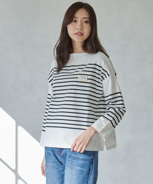 Arnold Palmer（アーノルドパーマー）の「パネルボーダー ボートネック ベーシック Ｔシャツ（Tシャツ/カットソー・レディース・ベージュ/ネイビー系/ブラック・L/S/M）」の12枚目の写真