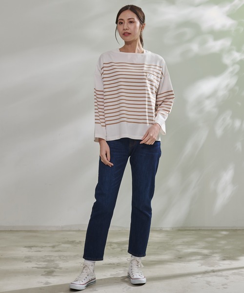 Arnold Palmer（アーノルドパーマー）の「パネルボーダー ボートネック ベーシック Ｔシャツ（Tシャツ/カットソー・レディース・ベージュ/ネイビー系/ブラック・L/S/M）」の9枚目の写真