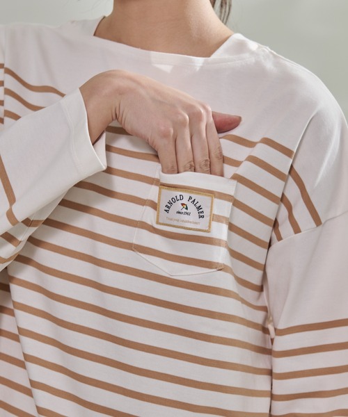Arnold Palmer（アーノルドパーマー）の「パネルボーダー ボートネック ベーシック Ｔシャツ（Tシャツ/カットソー・レディース・ベージュ/ネイビー系/ブラック・L/S/M）」の6枚目の写真
