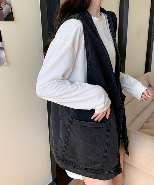 SEU(エスイーユー)の「デニムベスト フラップポケット付き オーバーサイズ ゆったり(ベスト・レディース・ブラック/ブルー・フリー)」の8枚目の写真