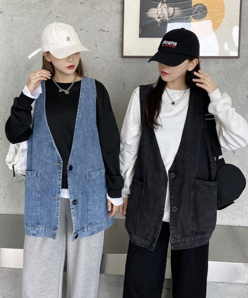 SEU(エスイーユー)の「デニムベスト フラップポケット付き オーバーサイズ ゆったり(ベスト・レディース・ブラック/ブルー・フリー)」の13枚目の写真