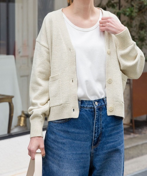 FORK&SPOON（フォークアンドスプーン）の「FORK&SPOON　ミックスヤーンVネックカーディガン（カーディガン/ボレロ・レディース・ネイビー/ベージュ・1）」の2枚目の写真
