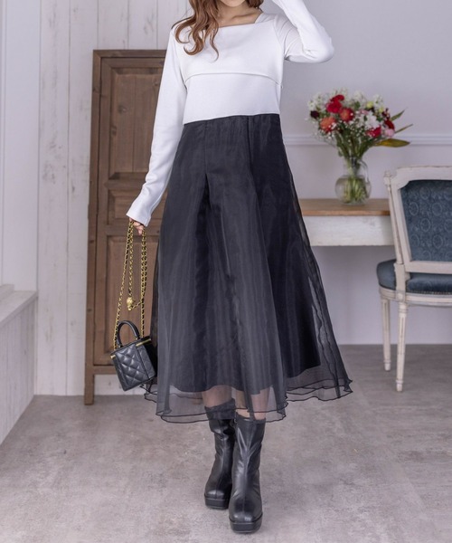 clear（クリア）の「≪再入荷≫オーガンジードッキングオフショルロングワンピース[大人 フェミニン]（ワンピース・レディース・ブラック/ホワイト×ブラック・F）」の2枚目の写真