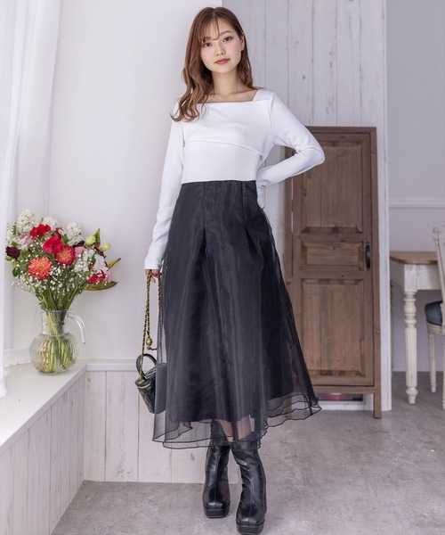 clear（クリア）の「≪再入荷≫オーガンジードッキングオフショルロングワンピース[大人 フェミニン]（ワンピース・レディース・ブラック/ホワイト×ブラック・F）」の12枚目の写真