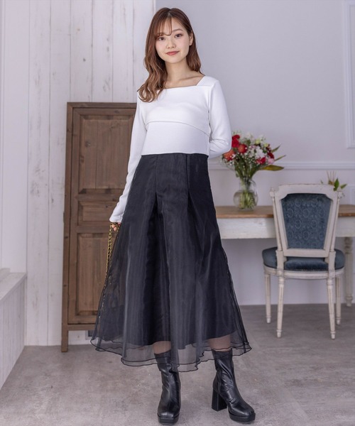 clear（クリア）の「≪再入荷≫オーガンジードッキングオフショルロングワンピース[大人 フェミニン]（ワンピース・レディース・ブラック/ホワイト×ブラック・F）」の13枚目の写真