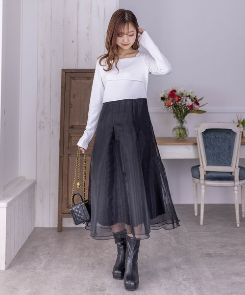 セール】≪再入荷≫オーガンジードッキングオフショルロングワンピース