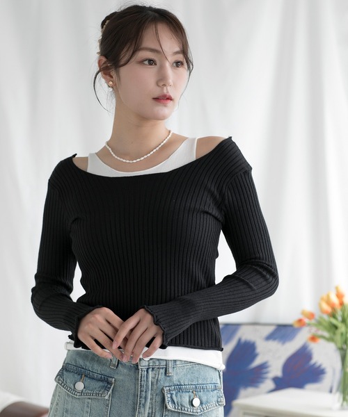 aimoha(アイモハ)の「重ね着風ロング袖カットソー(Tシャツ/カットソー・レディース・ベージュ/ブラック/ブルー・FREE)」の2枚目の写真