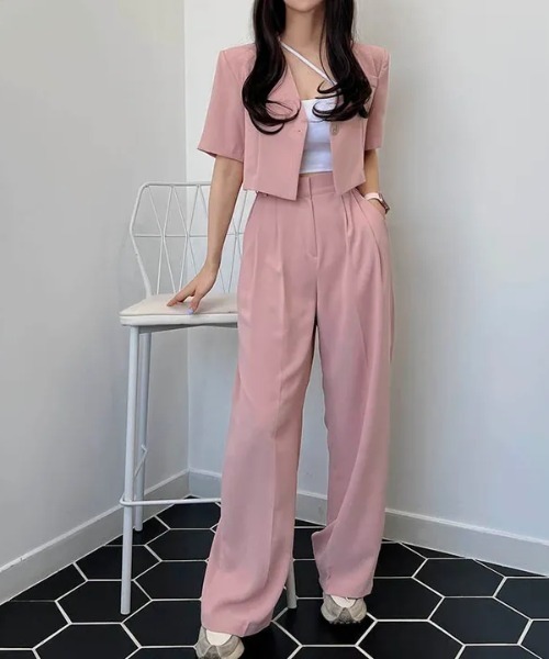 N.s(エヌドットエス)の「ノーカラーショートジャケット+タックワイドパンツセットアップ(セットアップ・レディース・ブラック/ベージュ/パープル/ピンク/グリーン・S/M)」の18枚目の写真