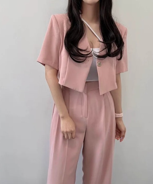 N.s(エヌドットエス)の「ノーカラーショートジャケット+タックワイドパンツセットアップ(セットアップ・レディース・ブラック/ベージュ/パープル/ピンク/グリーン・S/M)」の22枚目の写真