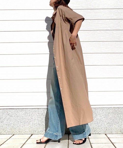 Q（キュー）の「ロングシャツワンピース（シャツワンピース・レディース・マスタード/モカ/チャコールグレー・MEDIUM）」の18枚目の写真