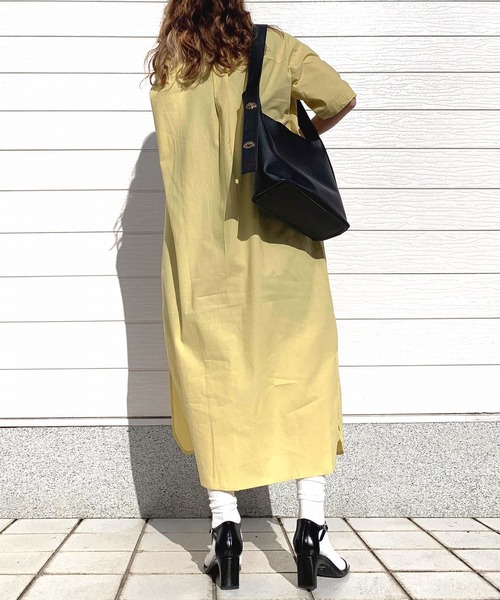 Q（キュー）の「ロングシャツワンピース（シャツワンピース・レディース・マスタード/モカ/チャコールグレー・MEDIUM）」の9枚目の写真