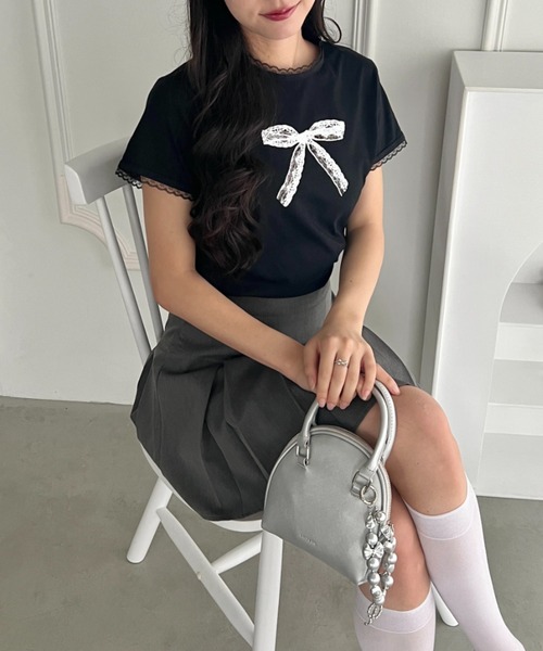 フリル付きグレーTシャツ セール】フリルトリムレースリボンTシャツ（Tシャツ/カットソー