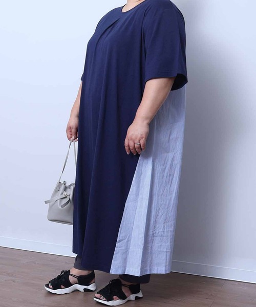 MB mint breeze（エムビーミントブリーズ）の「【LL～6L 大きいサイズ】【WEB/一部店舗限定】異素材切替えAラインワンピース（ワンピース・レディース・カーキ/グレー/ネイビー・LL/3L/4L/5L/6L）」の3枚目の写真