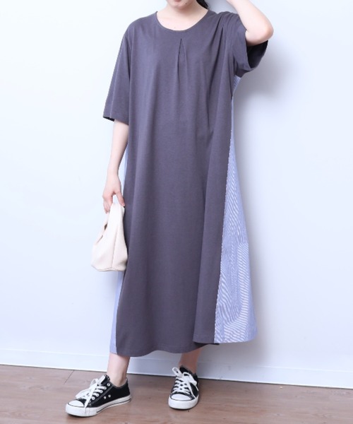 MB mint breeze（エムビーミントブリーズ）の「【LL～6L 大きいサイズ】【WEB/一部店舗限定】異素材切替えAラインワンピース（ワンピース・レディース・カーキ/グレー/ネイビー・LL/3L/4L/5L/6L）」の2枚目の写真