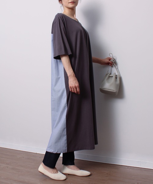 MB mint breeze（エムビーミントブリーズ）の「【LL～6L 大きいサイズ】【WEB/一部店舗限定】異素材切替えAラインワンピース（ワンピース・レディース・カーキ/グレー/ネイビー・LL/3L/4L/5L/6L）」の5枚目の写真