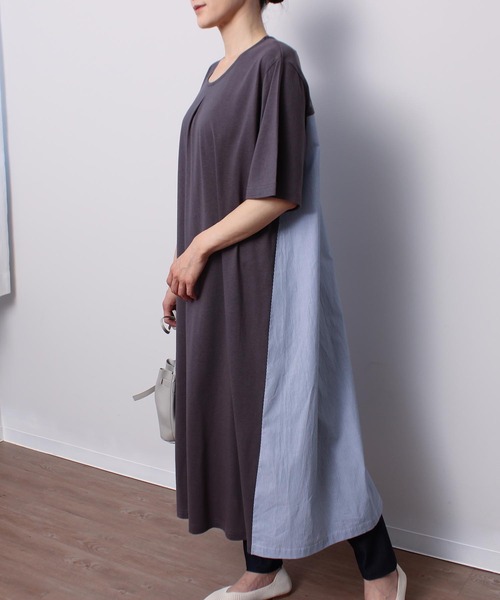 MB mint breeze（エムビーミントブリーズ）の「【LL～6L 大きいサイズ】【WEB/一部店舗限定】異素材切替えAラインワンピース（ワンピース・レディース・カーキ/グレー/ネイビー・LL/3L/4L/5L/6L）」の7枚目の写真