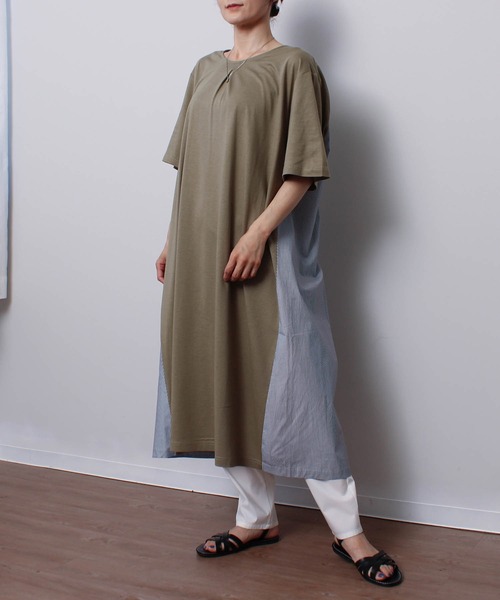 MB mint breeze（エムビーミントブリーズ）の「【LL～6L 大きいサイズ】【WEB/一部店舗限定】異素材切替えAラインワンピース（ワンピース・レディース・カーキ/グレー/ネイビー・LL/3L/4L/5L/6L）」の8枚目の写真